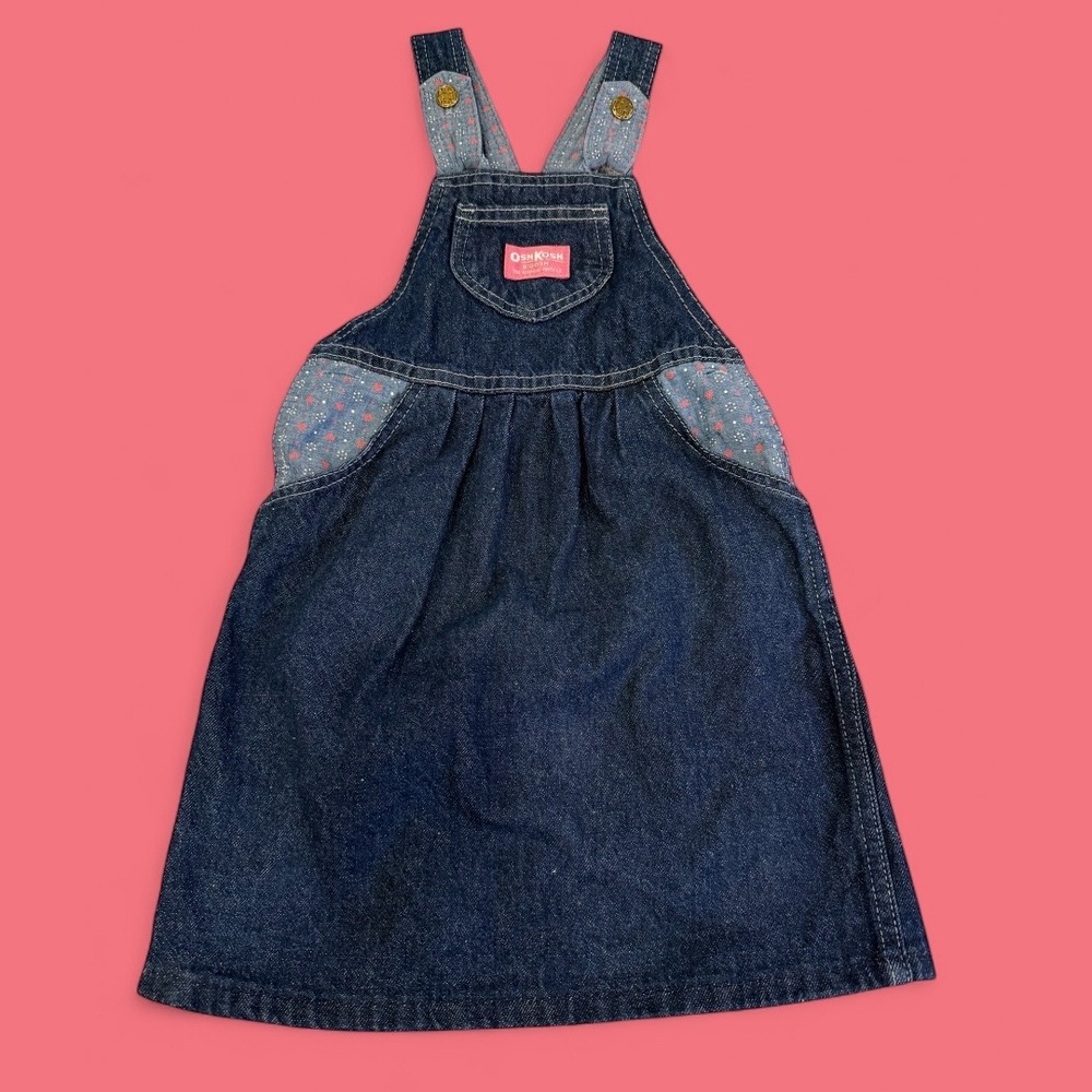 Vintage Girls Osh Kosh‎ Cotton Denim Overalls Jumper Skirt Floral Pockets Size 6